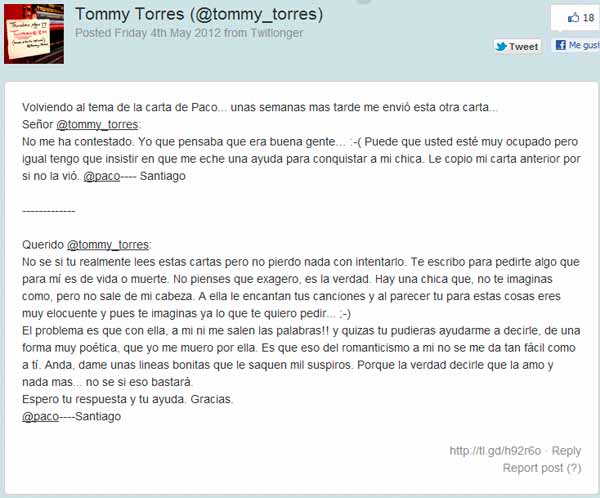 Respuesta de Tommy Torres a un fan